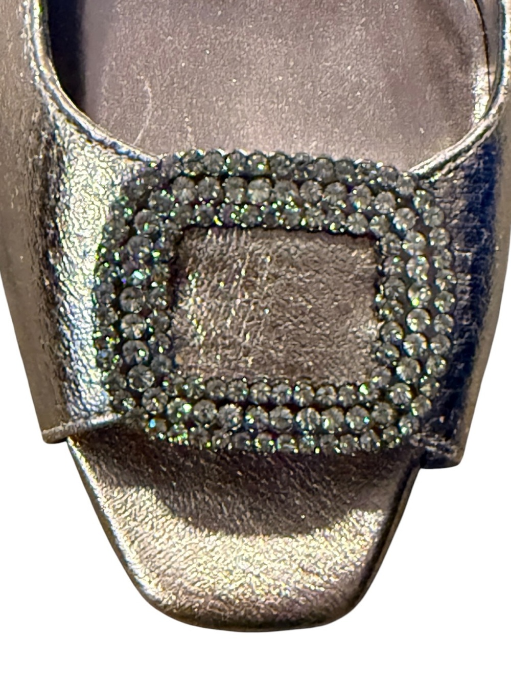 J. Renee Pewter Gunmetal Metallic Rhinestone Buckle Peep Toe Slingback 8M - Picture 2 of 5